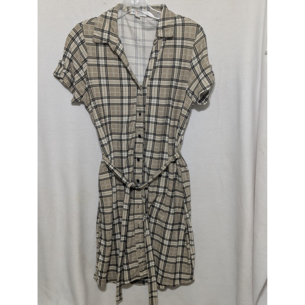 Liv & Lottie Tan Black Plaid Button Down Shirt Dress Short Sleeve Size L